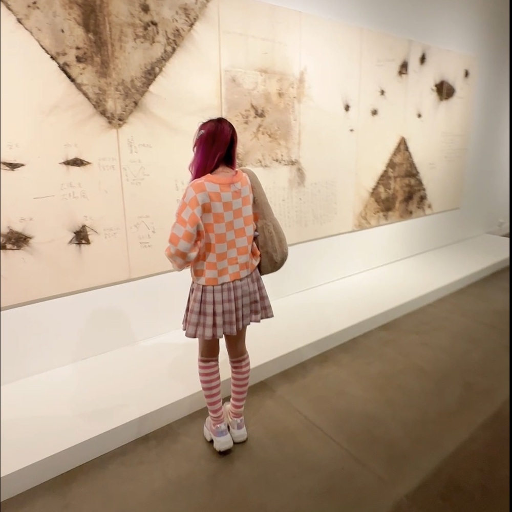 Apricot Peach Checkered Oversized Knit Cropped Long Sleeve Retro Indie Sweater